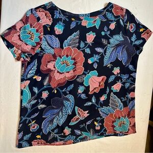 LOFT Navy Floral Botanical Short Sleeve Top Size Large